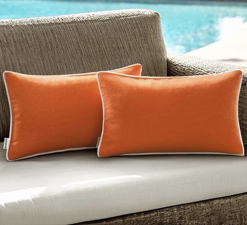 Outdoor Lumbar Pillow Covers Orange White Trim Set Of 2